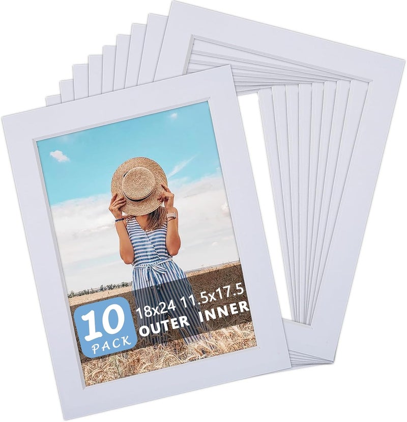 Somime 10 Pack Pre-Cut 18x24 White Picture Mats for 12x18 Photos - White Core Bevel Cut Frame Matte, Acid Free, Ideal for Frames/Artwork/Prints - Image 1